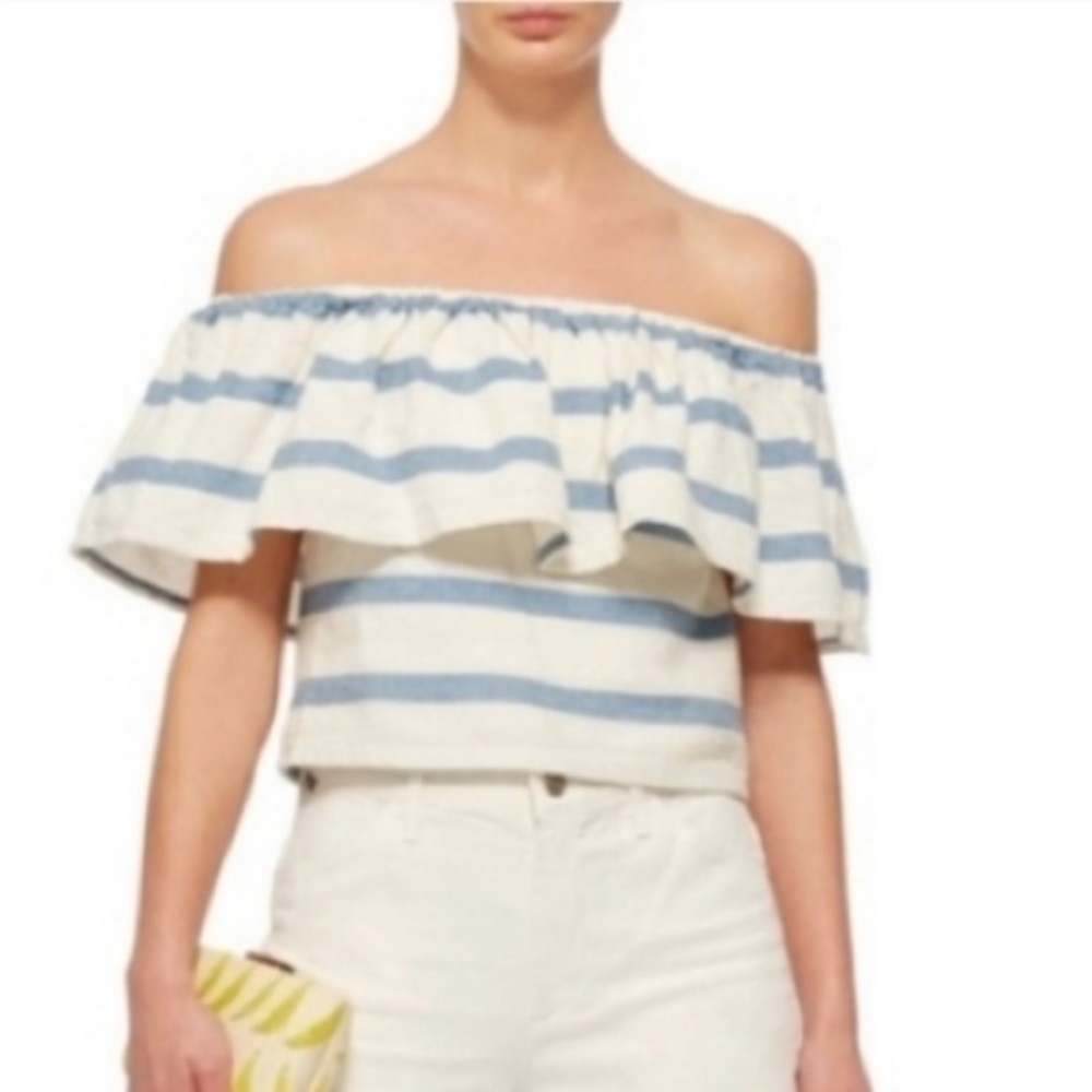 Mara Hoffman Blue and White Off-Shoulder Blouse